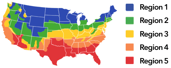 map of the United States with color-coded regions to indicate climate